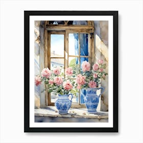 Pink Roses by the Windowsill Art Print