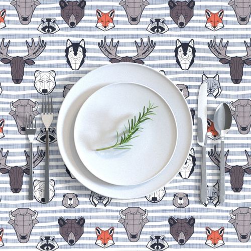 Small scale // Friendly Canadian Geometric Animals // grey blue stripes linen texture background black and white dark orange brown and grey bear moose fox lynx beaver castor wolf raccoon bison