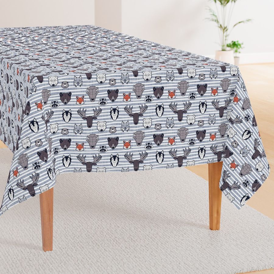 Small scale // Friendly Canadian Geometric Animals // grey blue stripes linen texture background black and white dark orange brown and grey bear moose fox lynx beaver castor wolf raccoon bison