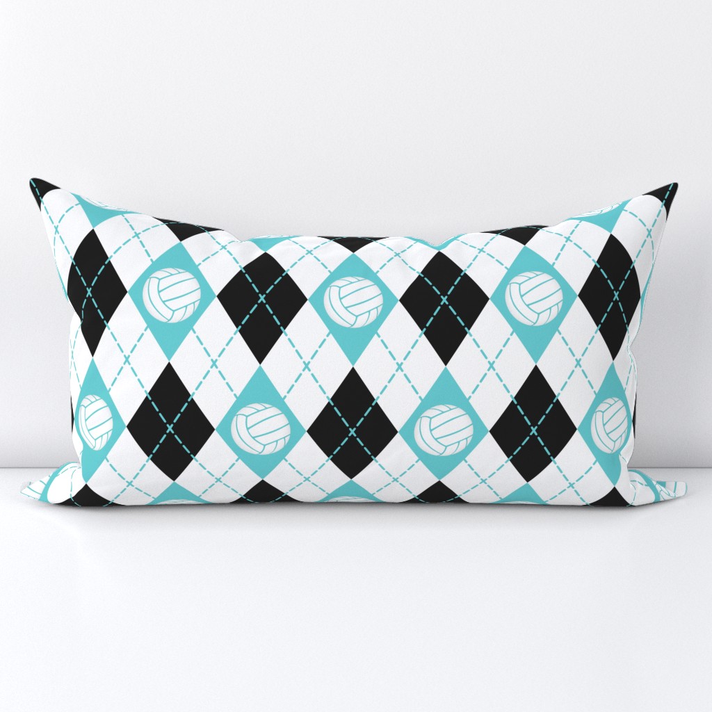 Volleyball themed turquoise black & white argyle plaid pattern  