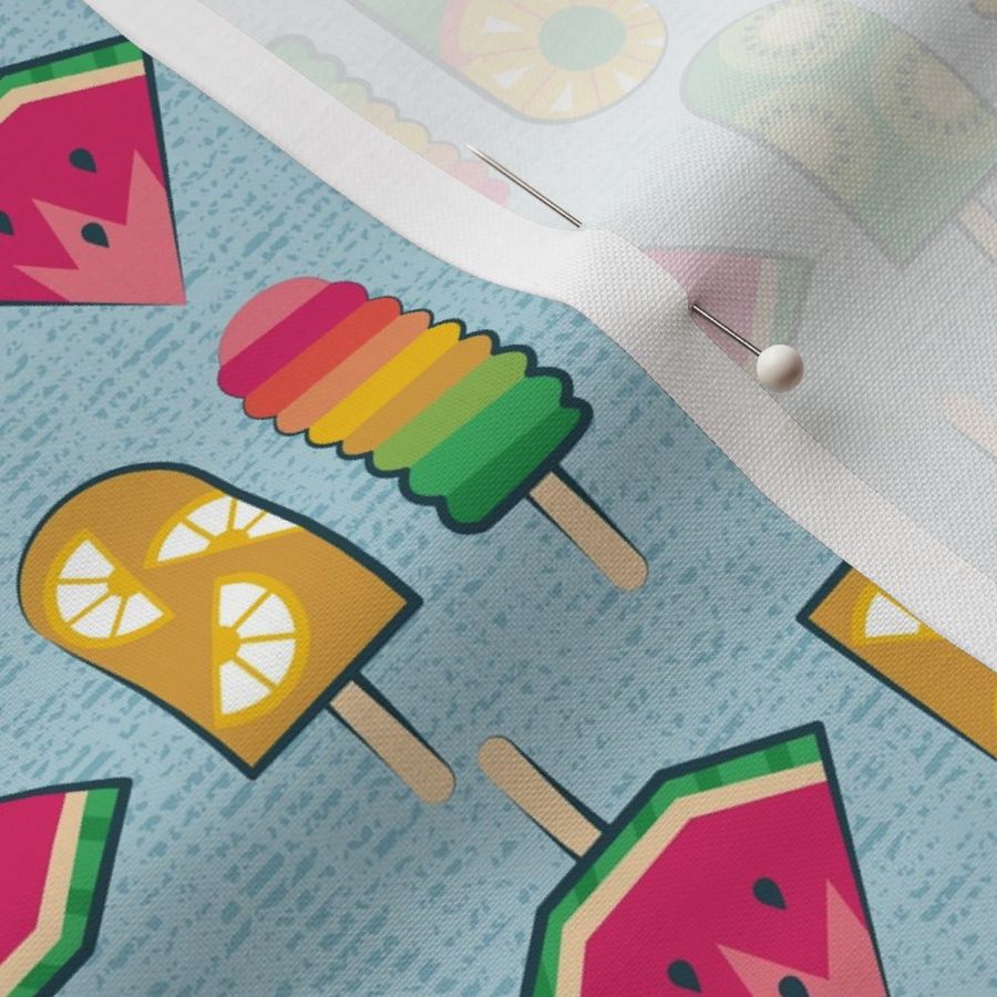 Small scale // Frutalicious ice popsicles // pastel blue background multicoloured fruit frozen treats