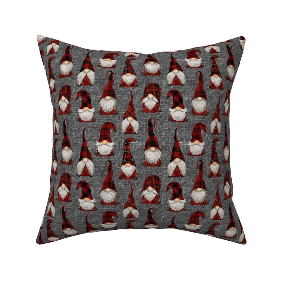 Red Buffalo Plaid Gnomes on Grey linen - small scale