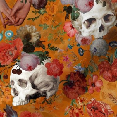 Vintage  Girly Gothic  Dramatic Glamour halloween aesthetic goth wallpaper: Mystic Horror Skulls and Antique Flowers with Witchy Skull Fabric and Victorian Goth Flowers on orange