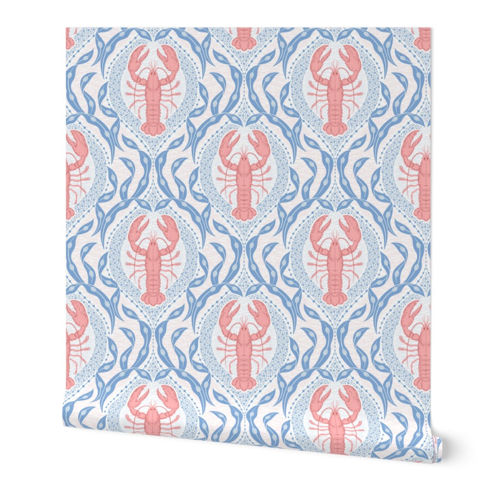 Lobster and Seaweed Nautical Damask - white, coral pink, cornflower blue-medium scale