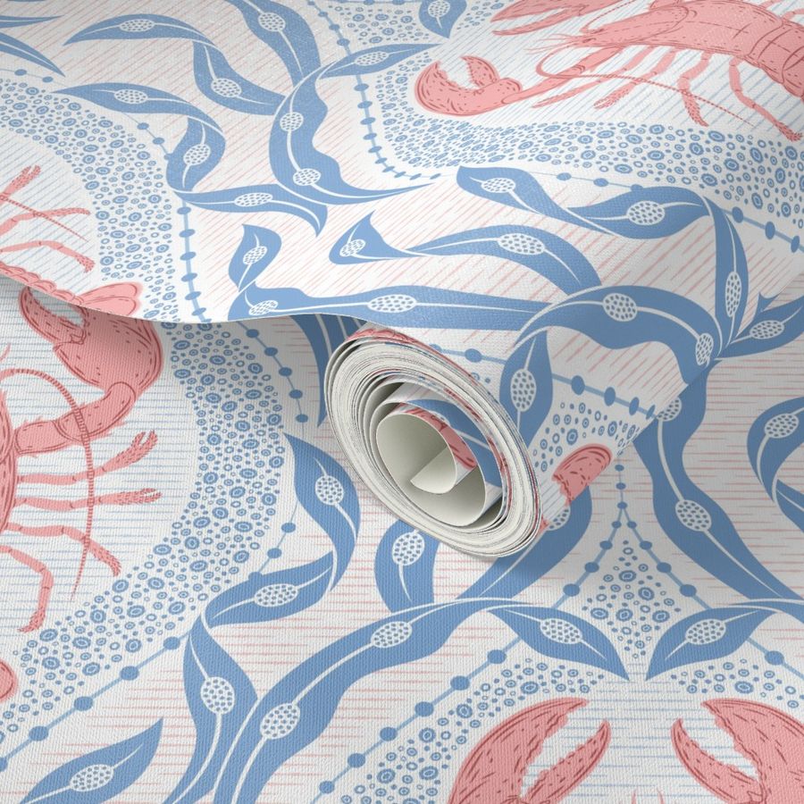 Lobster and Seaweed Nautical Damask - white, coral pink, cornflower blue-medium scale