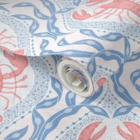 Lobster and Seaweed Nautical Damask - white, coral pink, cornflower blue-medium scale