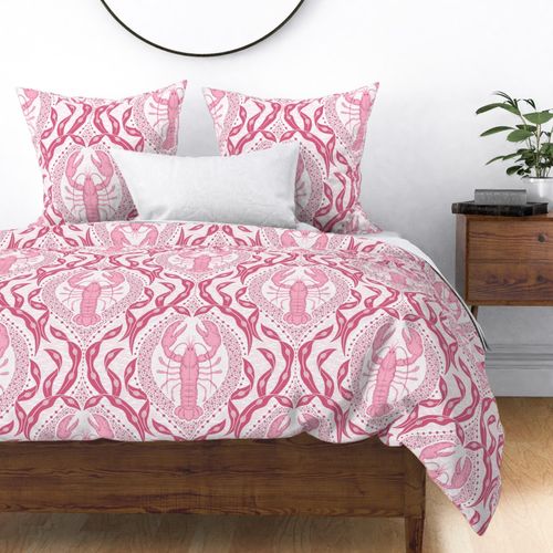 Lobster and Seaweed Nautical Damask- white pink raspberry red -large scale