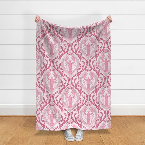 Lobster and Seaweed Nautical Damask- white pink raspberry red -large scale