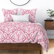 Lobster and Seaweed Nautical Damask- white pink raspberry red -large scale