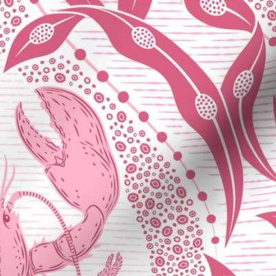 Lobster and Seaweed Nautical Damask- white pink raspberry red -large scale