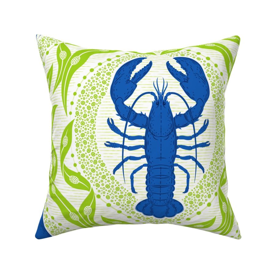 Lobster and Seaweed Nautical Damask - white cobalt blue bright green - large scale-01