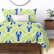 Lobster and Seaweed Nautical Damask - white cobalt blue bright green - large scale-01