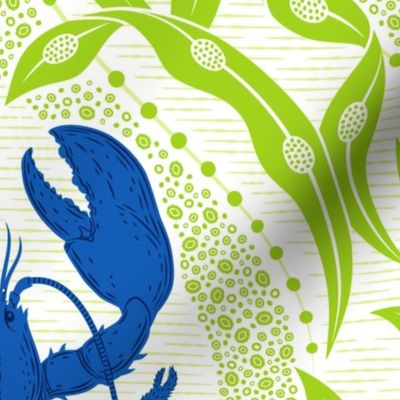 Lobster and Seaweed Nautical Damask - white cobalt blue bright green - large scale-01