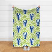 Lobster and Seaweed Nautical Damask - white cobalt blue bright green - large scale-01