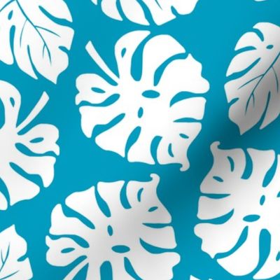 Monstera Leaves in freefall - white on turquoise blue, medium/large 