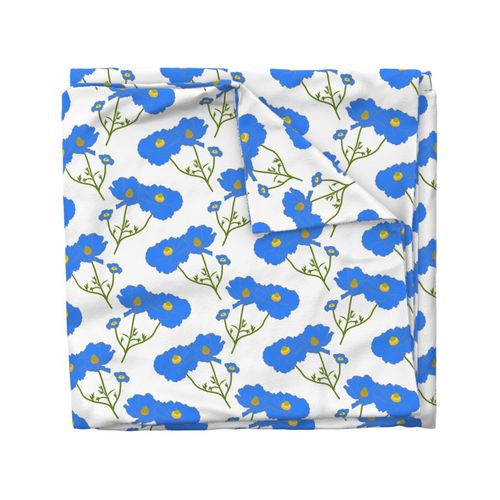 Floating Oriental Floral - cornflower on white, medium to large 