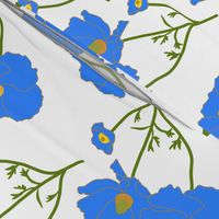 Floating Oriental Floral - cornflower on white, medium to large 