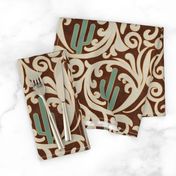 Wild West- Saguaro Tooled Leather Pattern- Verdigris Isabelline Brown Leather Texture- Regular Scale