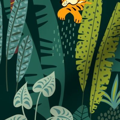 Tiger Dancing in the Jungle on Custom Green Background