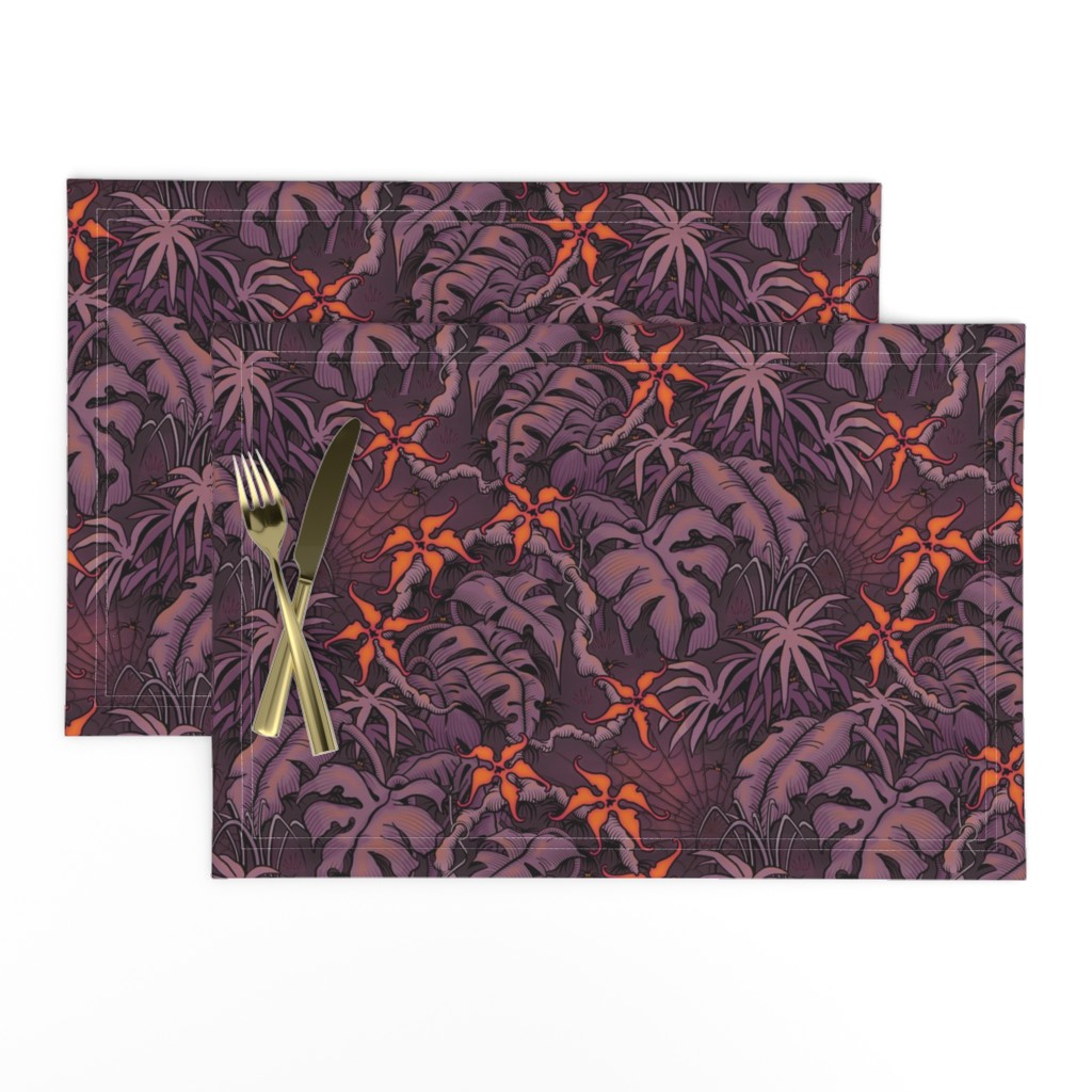 ★ SPOOKY JUNGLE ★ Spiders and Spiderwebs + Monstera, Banana Leaves and Tropical flowers / Plum Purple + Orange - Small Scale / Collection : Welcome to the Jungle – Wild Tropical Prints