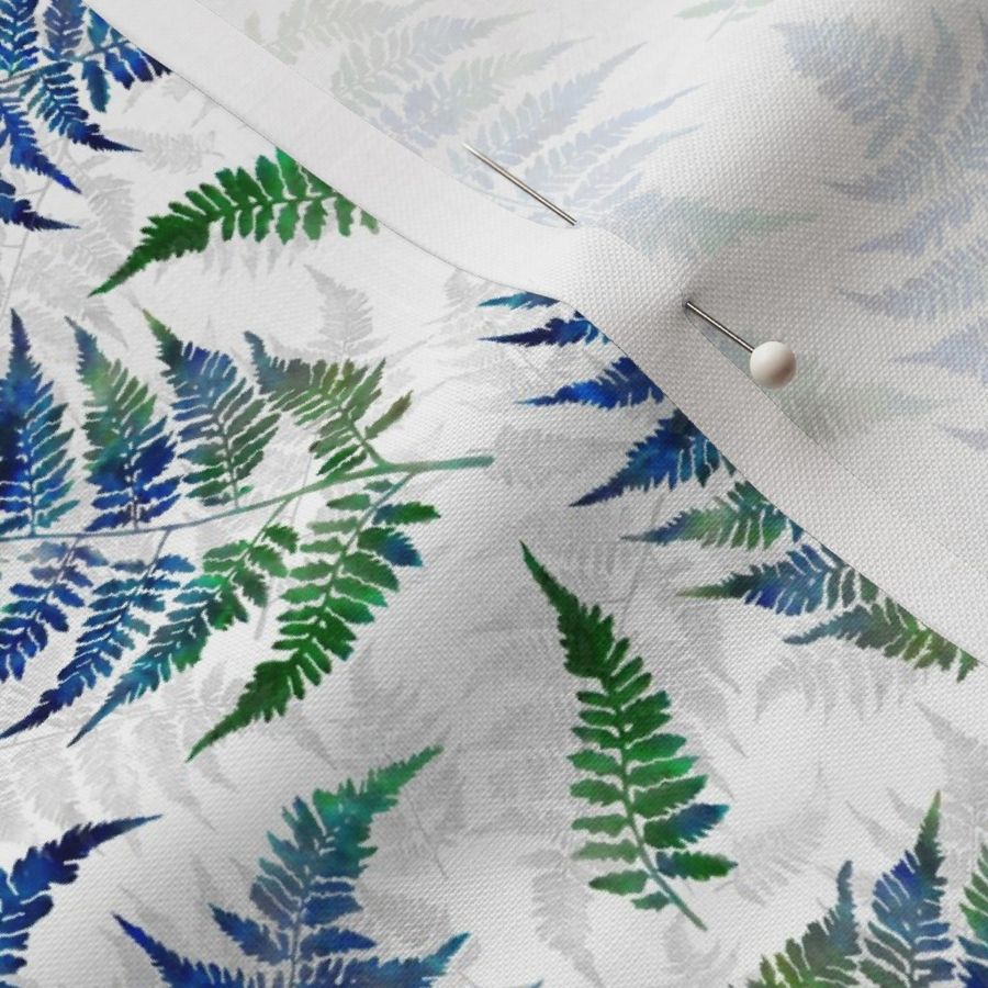 Scattered Bright Blue and Green Ferns on White Texture