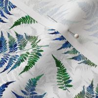 Scattered Bright Blue and Green Ferns on White Texture