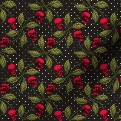 ★ ROCKABILLY CHERRY SKULL AND POLKA DOTS ★ Red + Avocado Green - Small Scale / Collection : Cherry Skull - Rock 'n' Roll Old School Tattoo Prints