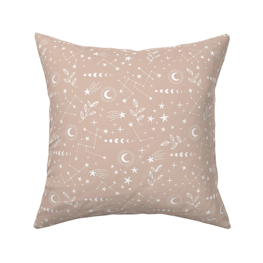 Magic boho constellation galaxy moon phase and starlight boho leaves and stars white on soft latte beige