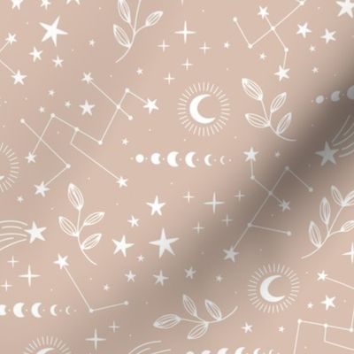 Magic boho constellation galaxy moon phase and starlight boho leaves and stars white on soft latte beige