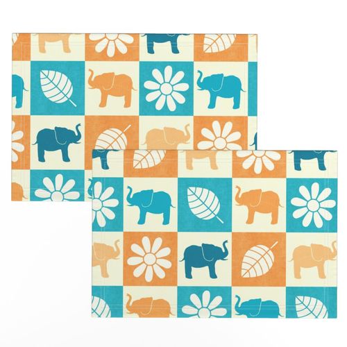 Turquoise and Orange Elephant Checkerboard 