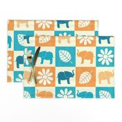 Turquoise and Orange Elephant Checkerboard 