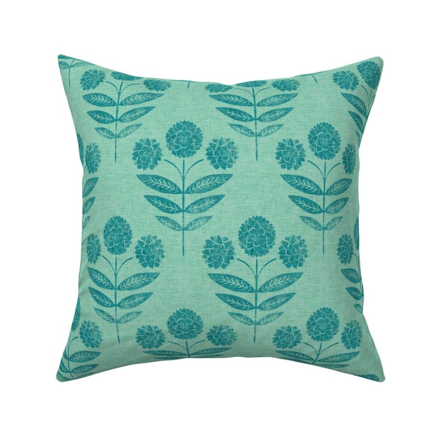 Mina's Blooms - small repeat version - Emerald on Pine green linen