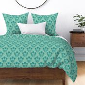 Mina's Blooms - small repeat version - Emerald on Pine green linen