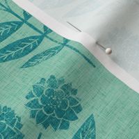 Mina's Blooms - small repeat version - Emerald on Pine green linen