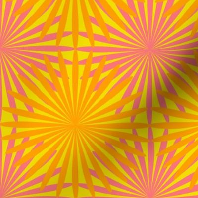 Starburst Disco Revival Whimsical Funky Traditional Fun Vintage Retro Optimism Star Pattern in Bright Colors Lemon Lime Lemon Yellow EBDD1F Watermelon Pink Coral DF737B Marigold Orange Carrot Orange EF9F04 Fresh Modern Geometric Abstract