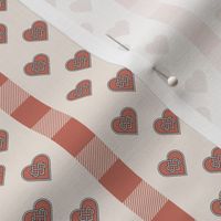 Hearts with Celtic Love Knot and buffalo check stripes - earthy or burnt pink on a white cement background