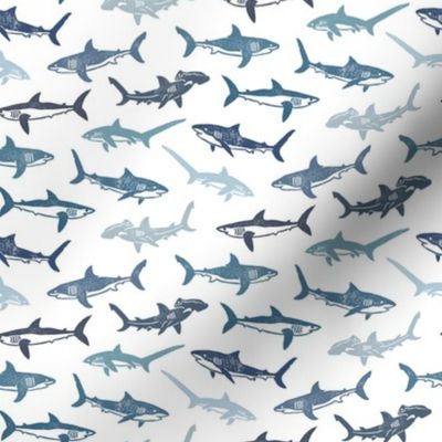 Sharks Block Print Coastal Blues by Angel Gerardo - Small Scale