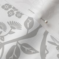 White and grey cut paper botany print - , floral vines, birds and berries