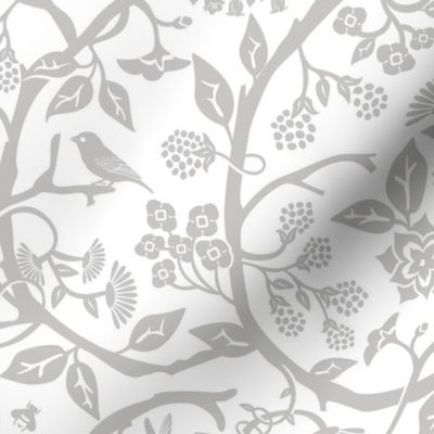 White and grey cut paper botany print - , floral vines, birds and berries