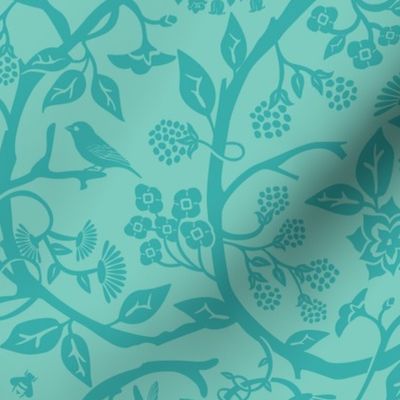 Chinoiserie maximalist tonal  floral pattern  - blue ,aqua , aquamarine  