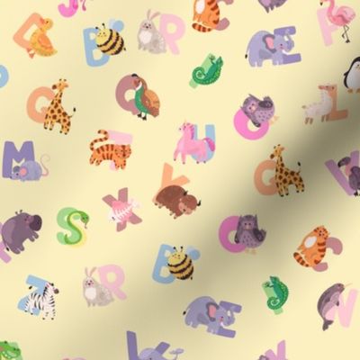 Whimsical Nursery Alphabet in Adorable Animals for Babies and Children 1 Inch on Butter Yellow Pastel