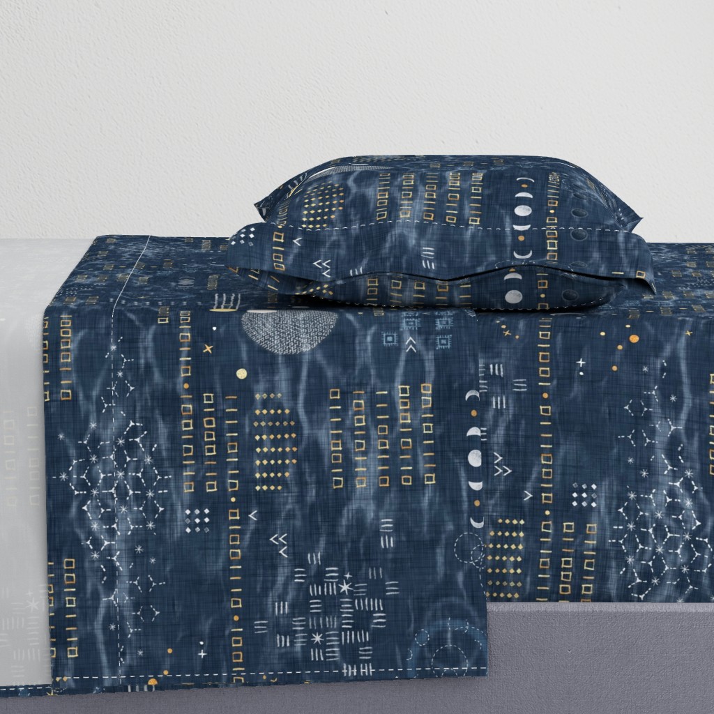 Shibori Digital Night Sky (xl scale) | Hand drawn binary code on blue gray shibori linen pattern, machine code in dark blue and gold, astronomy, space station, the matrix, computer network, planets, moons and stars.