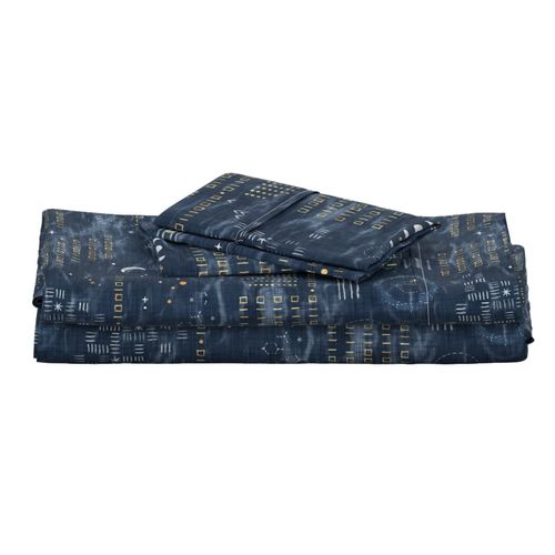 Shibori Digital Night Sky (xl scale) | Hand drawn binary code on blue gray shibori linen pattern, machine code in dark blue and gold, astronomy, space station, the matrix, computer network, planets, moons and stars.