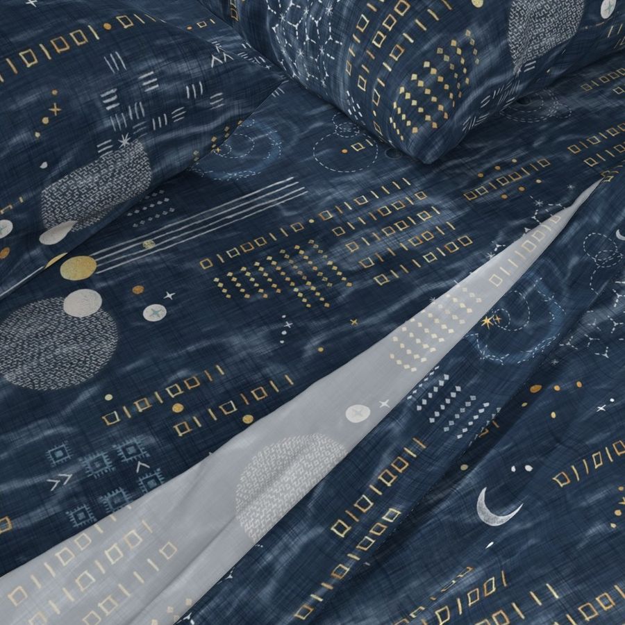 Shibori Digital Night Sky (xl scale) | Hand drawn binary code on blue gray shibori linen pattern, machine code in dark blue and gold, astronomy, space station, the matrix, computer network, planets, moons and stars.