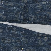 Shibori Digital Night Sky (xl scale) | Hand drawn binary code on blue gray shibori linen pattern, machine code in dark blue and gold, astronomy, space station, the matrix, computer network, planets, moons and stars.