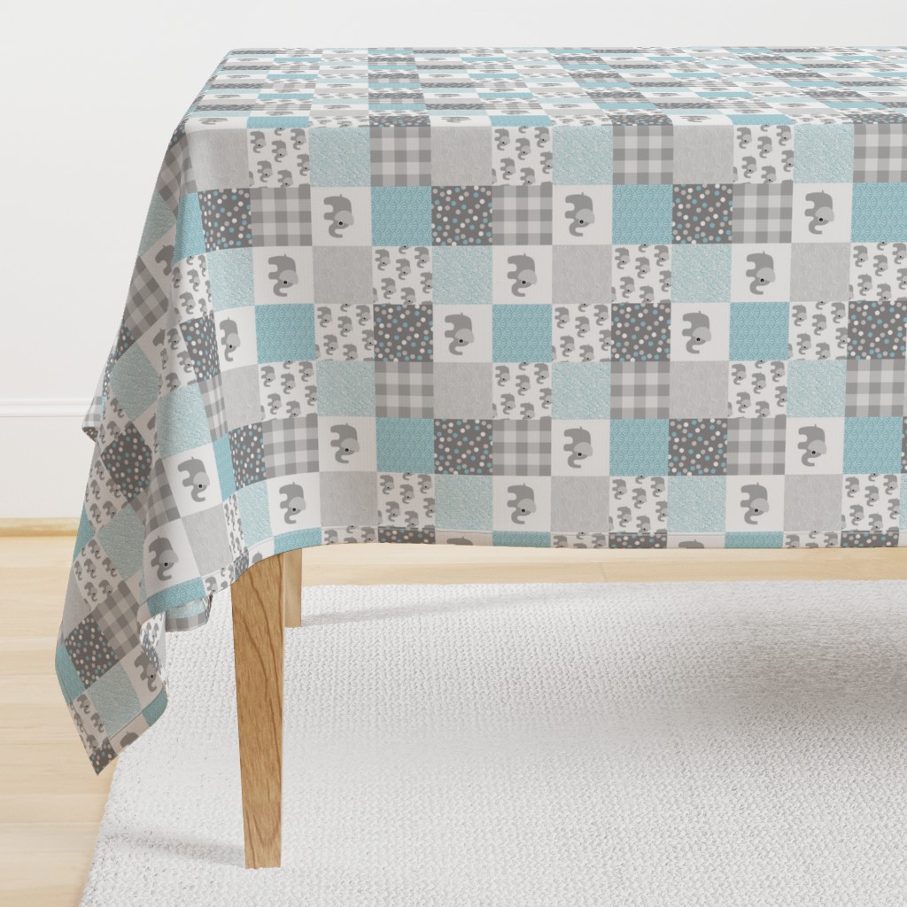 Elephant nursery patchwork elephants and abstract bubbles plaid dots and waves baby design blue gray white  