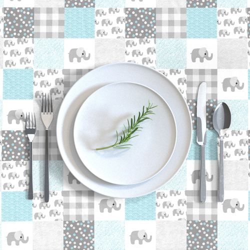 Elephant nursery patchwork elephants and abstract bubbles plaid dots and waves baby design blue gray white  