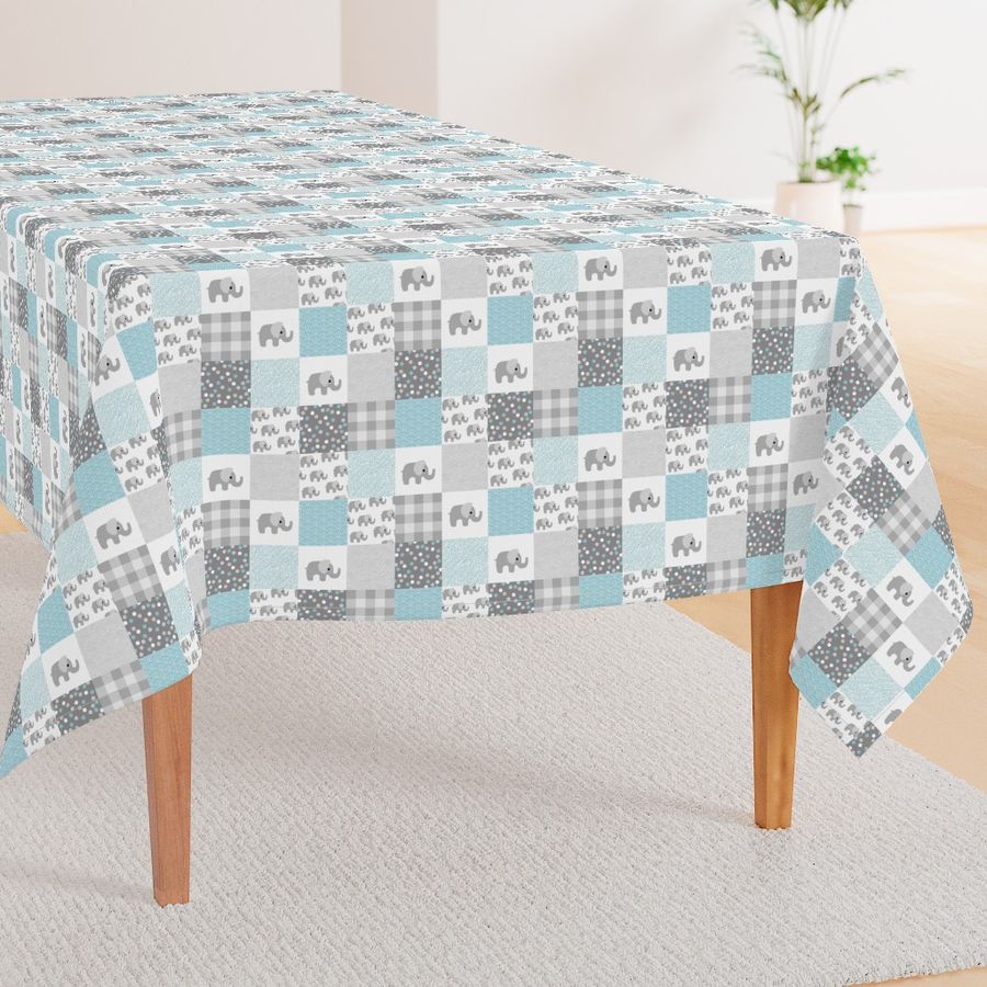 Elephant nursery patchwork elephants and abstract bubbles plaid dots and waves baby design blue gray white  