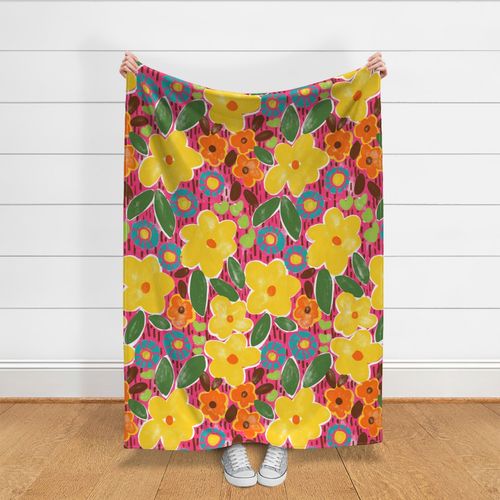 Bold & bright retro floral yellow pink large scale