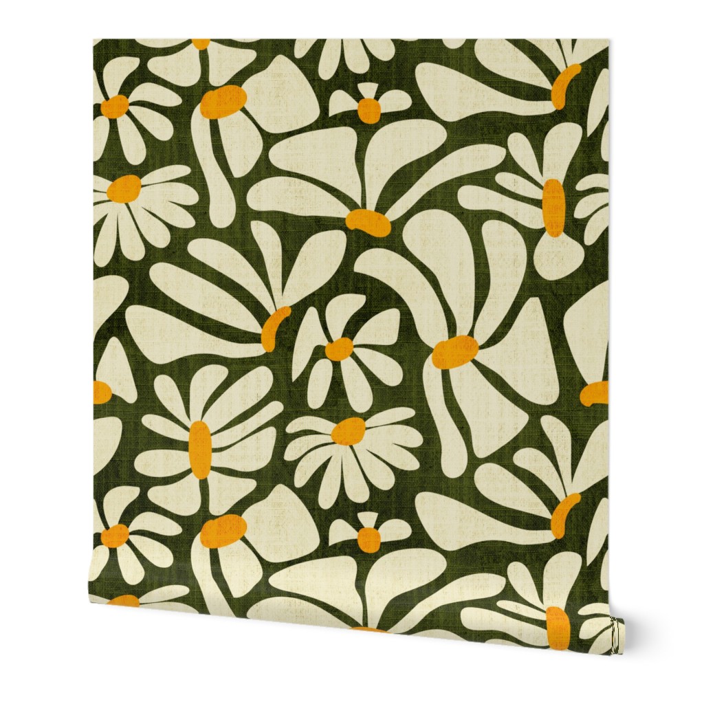 Retro Whimsy Daisy- Flower Power on Olive Green- Eggshell Floral- Large Scale